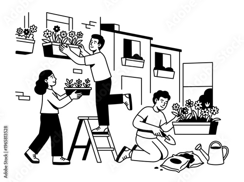 Community home repair neighbors installing window planters