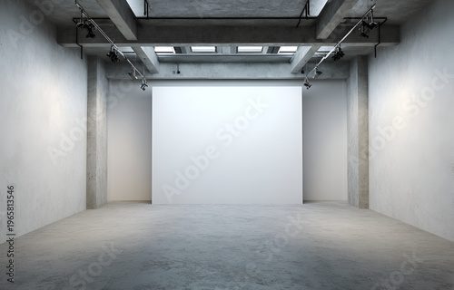 An empty, minimalist art gallery with high ceilings and bright spotlights illuminating a central, blank white display. Concrete beams are visible