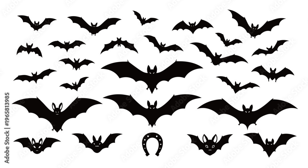 Fototapeta premium Black Bat Silhouettes Collection Flying for Spooky Halloween Decorations and Horror Graphic Design Assets