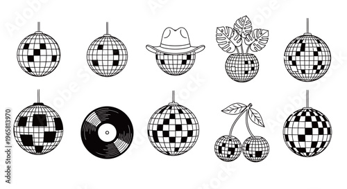 Retro Disco Ball Illustration Set with Cowboy Hat and Cherries for 70s Nightlife and Music Event Branding Graphic Assets