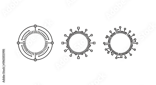 Set of Futuristic Circular Technology Icons representing Data Connectivity and Systems for Modern Interface Design and Tech Startup Branding