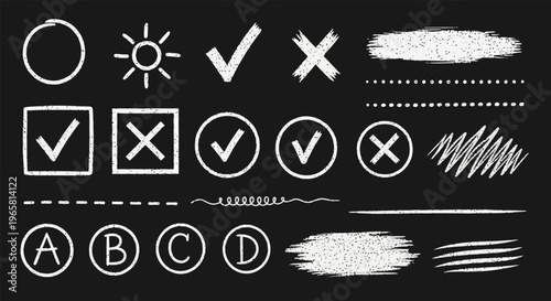 Foto Hand-drawn white chalk elements and symbols on black chalkboard background for education and business checklists
