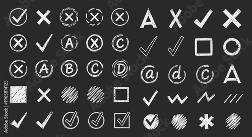 Konstfotografi White Chalk Hand-Drawn Symbols and Checkmarks Set on Chalkboard Background for E