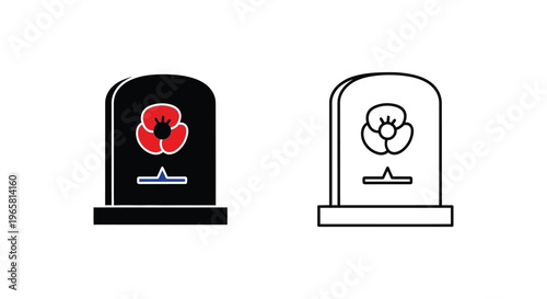 Remembrance Day gravestone icons with red poppy flower, memorial headstone vector set, cemetery tombstone symbols for veterans and war heroes