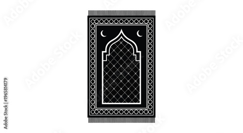 Black and white prayer rug with islamic arch and crescent moons