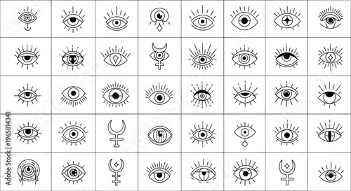 Mystical Evil Eye and Celestial Icon Set Vector Line Art Illustrations for Esoteric Branding, Tattoo Flash, and Bohemian Graphic Design