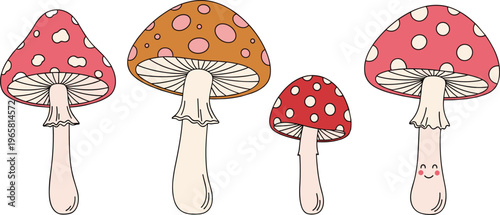 Cute Mushroom Vector Set with Cartoon Toadstools in Hand Drawn Style for Nature Illustration, Kids Design, Forest Theme, and Decorative Graphic Elements
