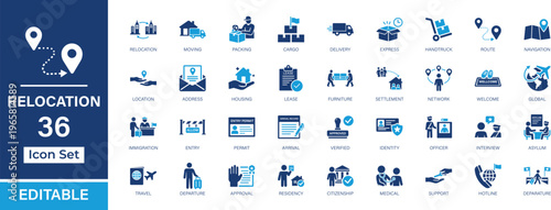 Relocation 36 solid icon set. Moving, visa, travel, housing, global mobility and logistics vector icons. UI, UX, app, web, editable, scalable, isolated on transparent background.