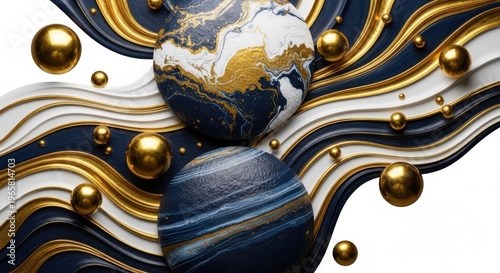 Abstract art with gold and blue swirling patterns and spheres on white background  luxurious decorative design element