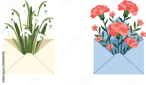 Floral Bouquet in Envelope Vector Illustration with Snowdrop and Carnation Flowers for Spring Greeting Cards, Romantic Messages, Mother Day, and Decorative Design