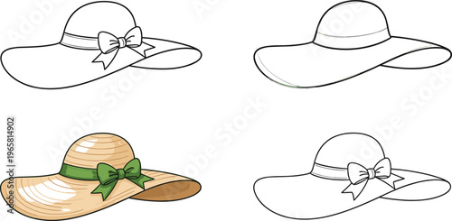 Summer Hat Vector Set with Wide Brim Straw Hats and Ribbon Bow in Minimal Line and Flat Style for Fashion, Beach, and Vacation Design