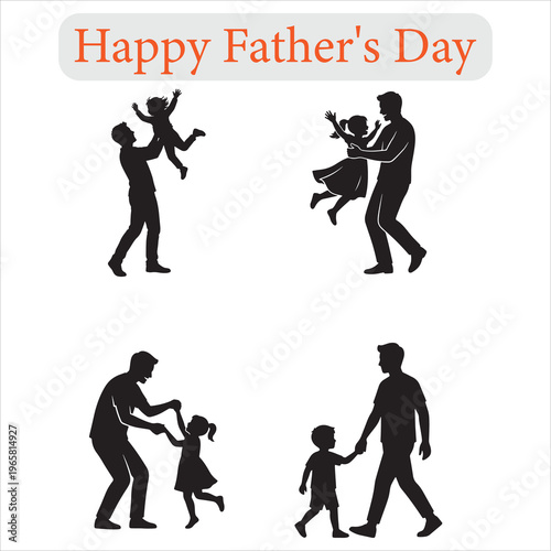 A collection of black silhouettes showing fathers interacting with their children happily today Vector, illustration