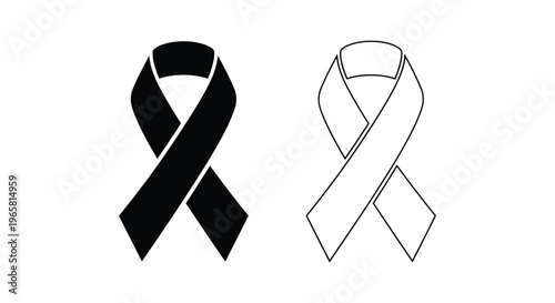 Black awareness ribbon vector set, mourning and memorial symbols, solid and outline ribbon icons for funeral or cancer support