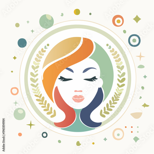Stylized illustration of a woman's face with a zodiac sign emblem, representing Virgo, set within a circular frame with decorative elements, celebrating astrology and personal identity
