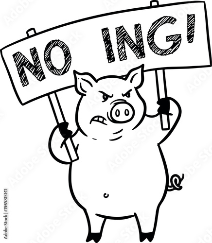 Cartoon Angry Pig Holding No Entry Sign in Black and White Illustration