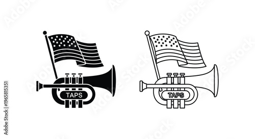 Military bugle with American flag vector icons, Taps trumpet silhouette for memorial day, patriotic brass instrument set