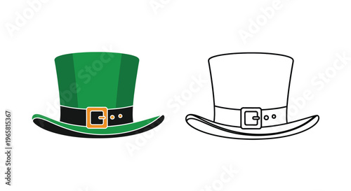 Two leprechaun hats one colored one outlined in black and white