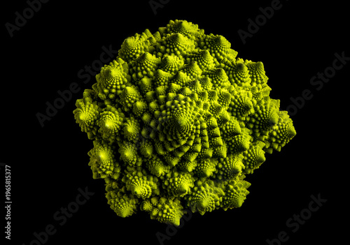 Fibonacci Spirals in Nature – Romanesco Broccoli Close-Up. Perfect for science, math, healthy food, and organic concepts.