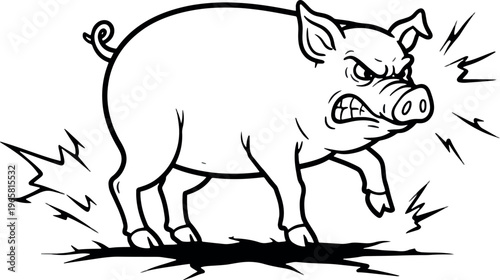 Angry Cartoon Pig with Fierce Expression and Lightning Effects in Black and White