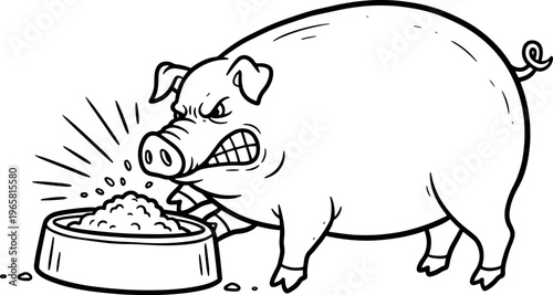 Angry Cartoon Pig Eating from Food Bowl in Black and White Line Drawing