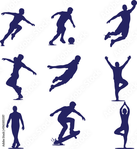 A set of black vector silhouettes featuring male and female football players and athletes in action, including running, jumping, and kicking the ball during a competitive sports competition