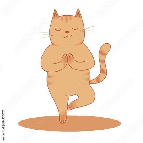 Cute ginger tabby cat in tree yoga pose on orange mat. Hand-drawn illustration of orange kitten balancing with closed eyes. Minimalist animal wellness and mindfulness concept. PNG