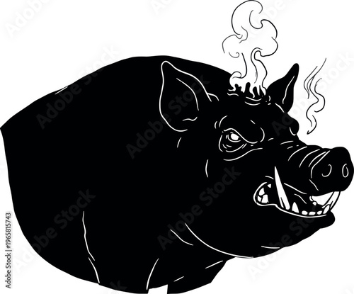 Black Cartoon Smoking Boar Head Illustration with Fierce Expression and Smoke Vaping Style