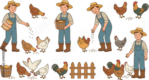 Young Farmer Feeding Chickens and Roosters Vector Illustration Set with Hen House Elements, Grain Buckets, and Wooden Fence for Agricultural Education and Farming Designs