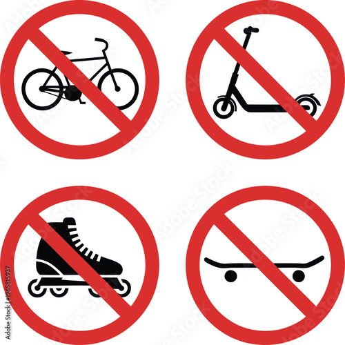No bikes skates scooters skateboards allowed sign prohibition symbol for transport restriction safety warning public notice design