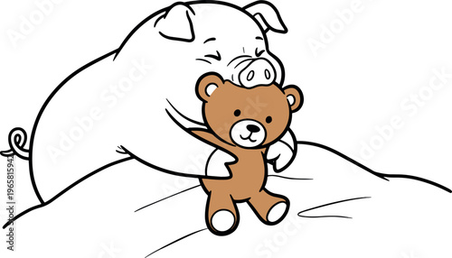 Cute Pig and Teddy Bear Illustration in Simple Style for Children's Content