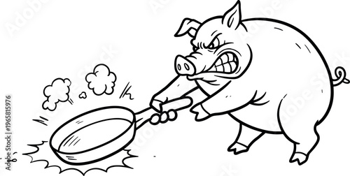Angry Cartoon Pig Throwing Pan in Black and White Illustration