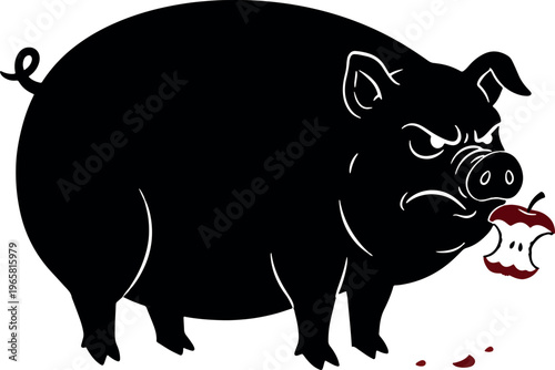 Dramatic Cartoon Black Pig with Bloody Mouth and Drool in Minimalist Style