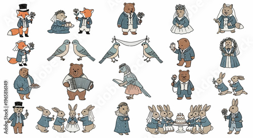 Charming woodland animal characters dressed formally attend a whimsical.