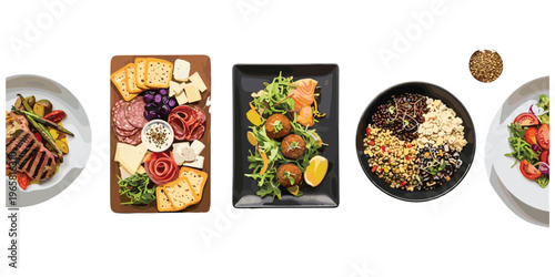 Assorted plated foods silhouette, diverse cuisine selection artwork, meat vegetarian vegan dishes design, culinary lifestyle concept illustration, flat vector illustration