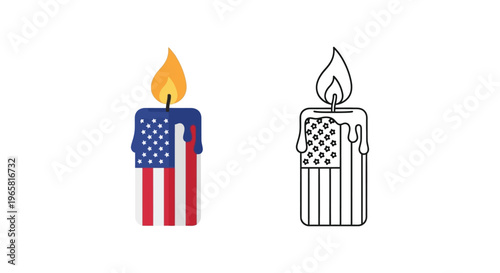 Patriotic American flag candle vector set, burning memorial candle with stars and stripes, 4th of July holiday icons in color and line art