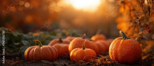 Group of pumpkins on soil at warm sunrise with soft bokeh for thanksgiving and autumn background and harvest poster design