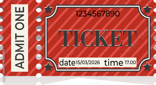 Red vintage cinema ticket with date and time vector illustration