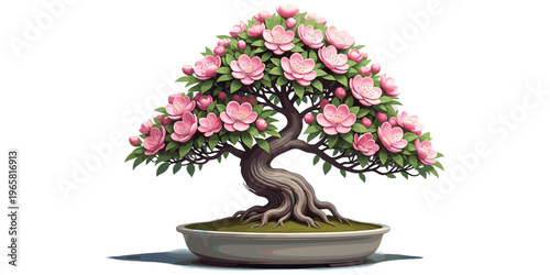Bonsai tree with blossoms illustration, floral miniature artwork, Japanese garden design, nature harmony vector, decorative plant composition illustration