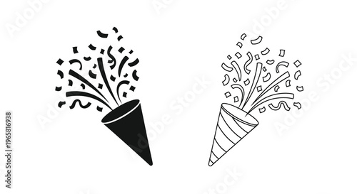 Two party poppers emitting confetti in a simple black and white style
