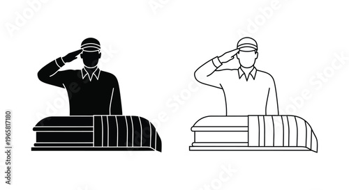Military funeral icon set with saluting soldier and draped coffin, veteran memorial service vector, honor guard ceremony graphics