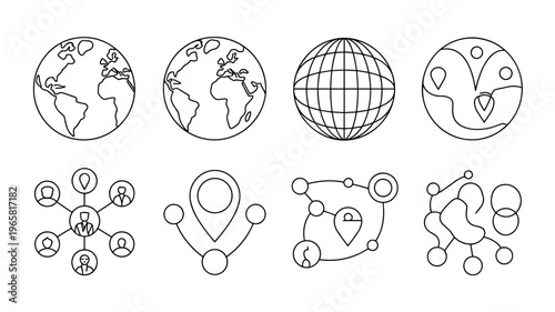 Minimal World Globe Line Icon Set Earth, Global Network and International Symbols