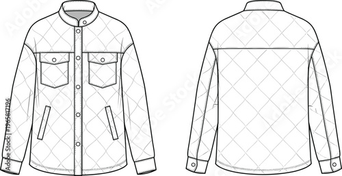 Technical Fashion Flat Sketch of a Quilted Padded Shirt Jacket with Chest Pockets and Front Back View, CAD Drawing Flat Vector Illustration