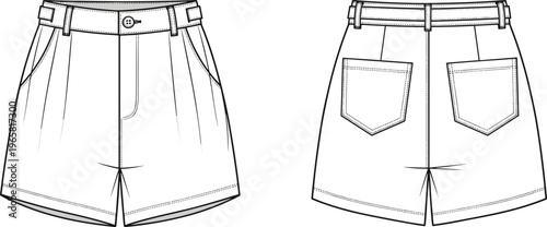 Women high waisted pleated shorts template front back view fashion technical mockup blank apparel set cad drawing flat vector illustration