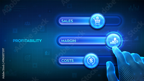 Profitability improvement concept with sliders and settings. Business process control panel for sales, margin and costs. Business optimization. Hand adjusting profitability level. Vector illustration.