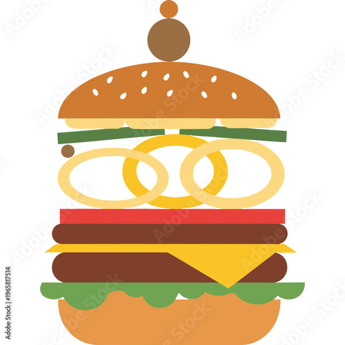 A colorful illustration of a layered burger with cheese and onions.