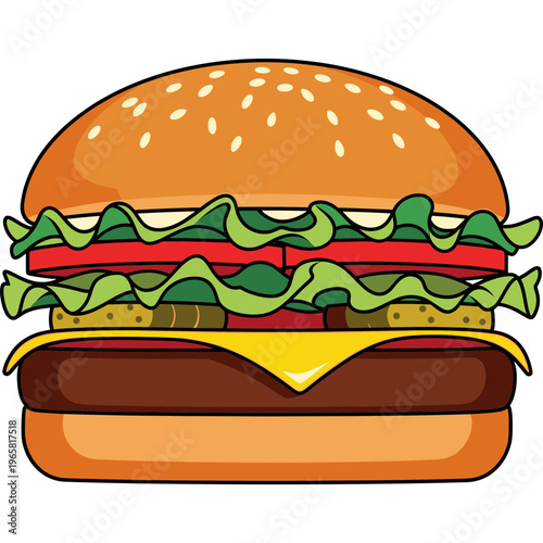 A juicy cheeseburger with lettuce, tomato, and cheese on a sesame seed bun