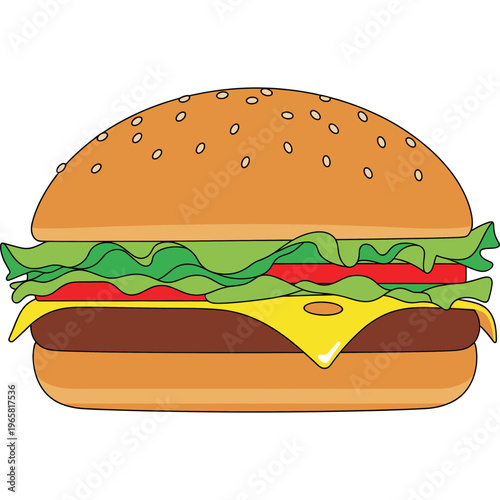 A cheeseburger with lettuce, tomato, and cheese on a bun.