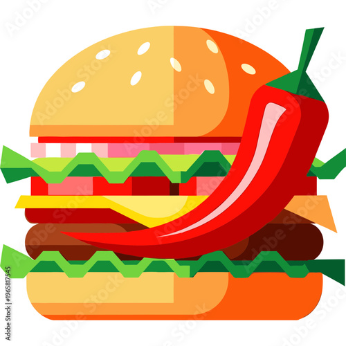 A vibrant illustration of a juicy hamburger with a chili pepper on top.