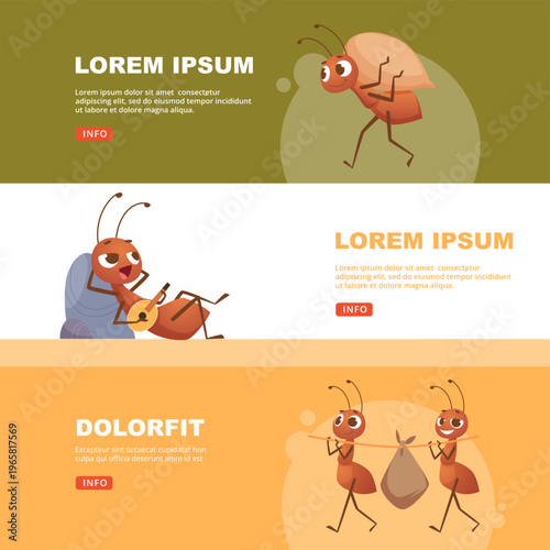 Cartoon ants. active bugs ants working. banners template with place for text