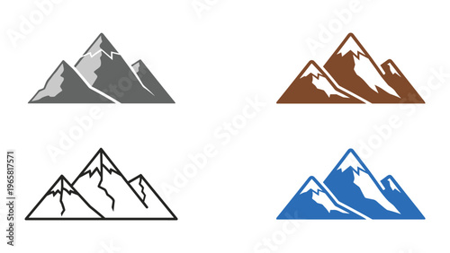 Four stylized mountain icons with different color schemes and shading techniques
